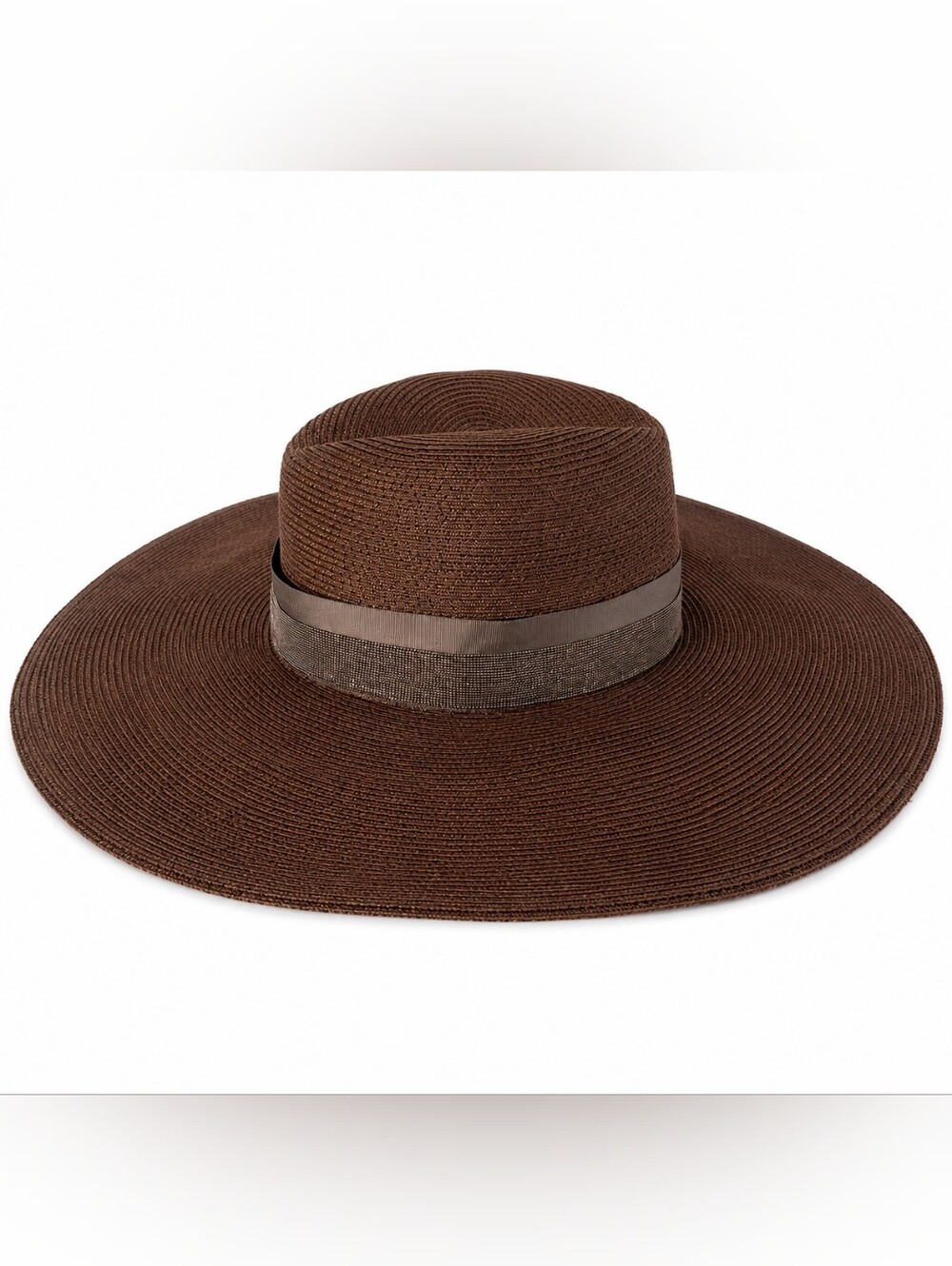 Brunello Cucinelli Metallic Trim Wide Brim Straw Sun Hat NWT Brown 21"